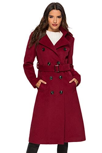 Womens Wool Double Breasted Pea Coat Winter Trench with Belt — Wine