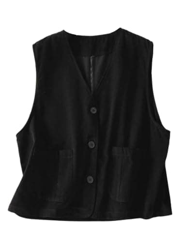 Womens Linen Vest Tops Casual Button Down Sleeveless Blazer — Black