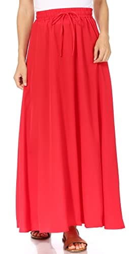 Trendy Women's Maxi Skirts - Flowy Summer Aline Elastic High Waisted Reg & Plus Size — Winter Red