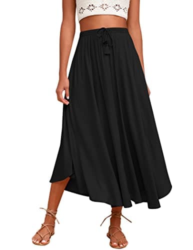 Zeagoo Women's High-Waisted Elastic Midi Skirt with Brown Leaf Print XXL — Black
