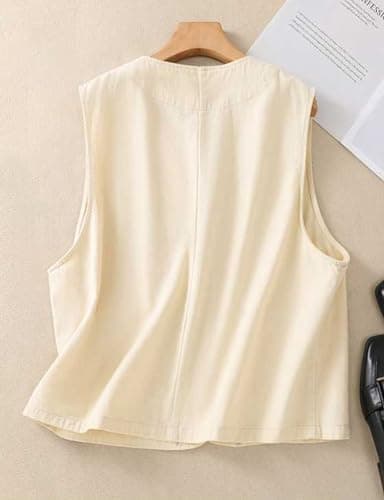 Womens Linen Vest Tops Casual Button Down Sleeveless Blazer
