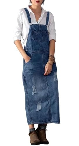 Chouuyaotou Women's Distressed Denim Overall A-Line Pinafore Dress with Split Adjustable Straps
