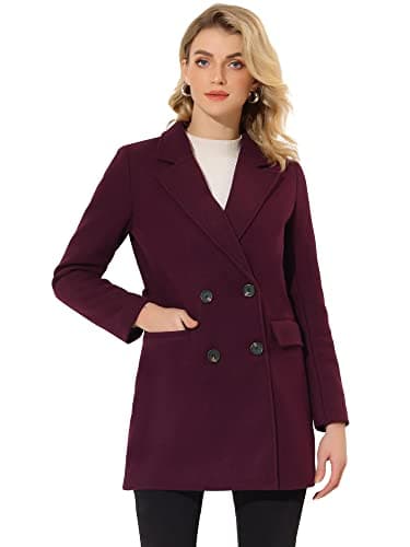 Allegra K Women's Belted Mid-Length Double Breasted Winter Coat — Burgundy