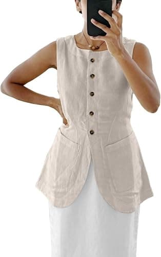 IDEWO Women's Lightweight Summer Linen Vest Blazer Pockets Casual Jackets — Sand