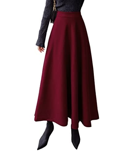 Artykey Women's High Waist Warm Plaid Wool Maxi Skirt S-3XL — C Red Wine