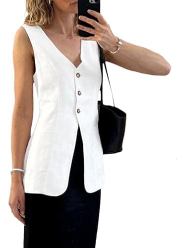 Mina Self 2025 Women's Breathable Linen V-Neck Long Casual Vest — White