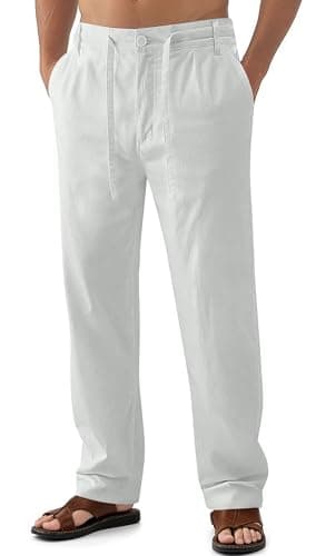 Janmid Men's Casual Linen Pants Elastic Waist Drawstring Yoga Beach trousers — Light Grey