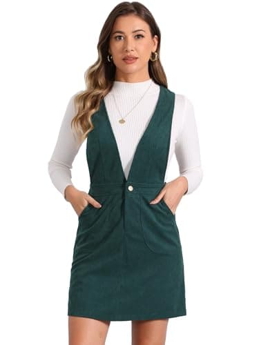 Allegra K Women's Corduroy V-Neck Mini Pinafore Dress — Deep Green