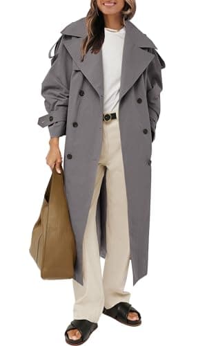 Womens Oversized Long Trench Coat Double Breasted Windproof Belted Overcoat — Dark Grey