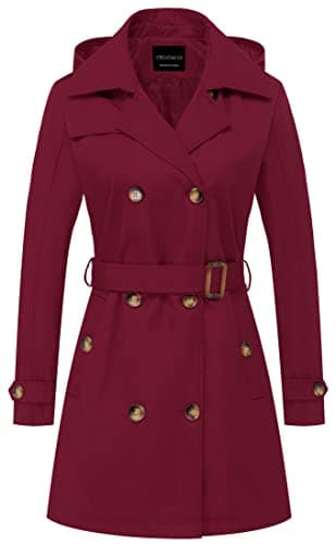 CREATMO Women's Classic Double-Breasted Trench Coat with Detachable Hood — Wine Red