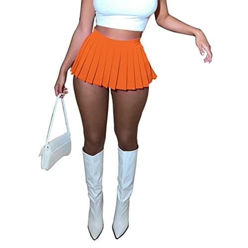 HAOYUAN Women's Mini Pleated Stretchy Skater Skirt — Orange