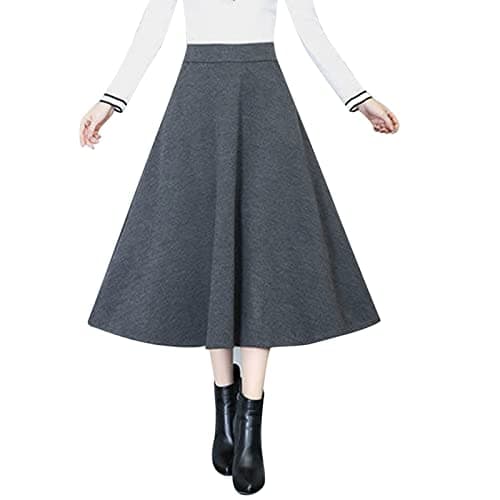 Vintage High Waist Elastic Midi Wool Skirt for Women — Grey