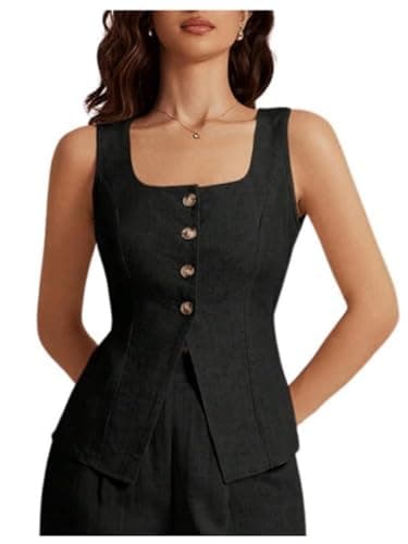 SHENHE Women's Linen Square Neck Summer Sleeveless Top