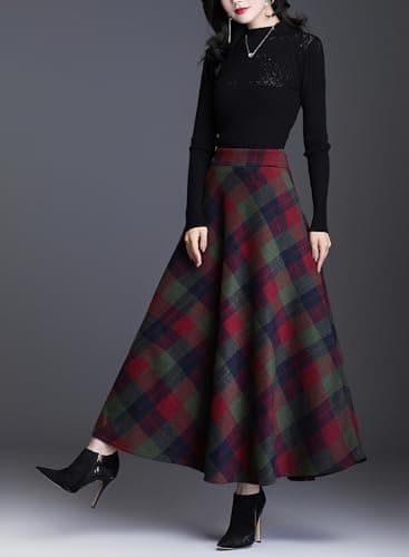 Leyoutx Women's Winter Warm Wool Plaid Maxi Skirts with Pockets