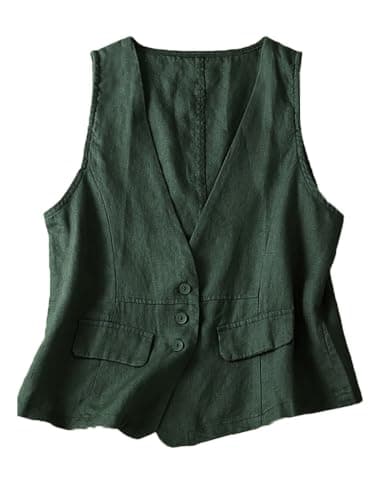 ULEMON Women's Linen Button Down Vest Top — Green