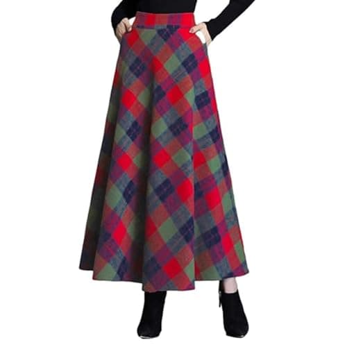 BININBOX Women's Vintage Plaid Maxi Wool Skirt Elastic Waist — Red Green