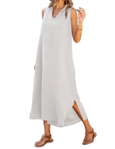 IDEAL SanXun V-Neck Sleeveless Sundresselong Shirt Dress — Beige