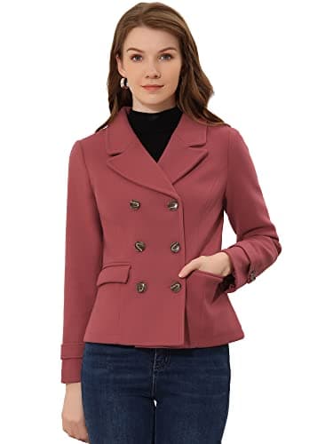 Allegra K Women's Notched Lapel Double Breasted Pea Coat — Dark Pink