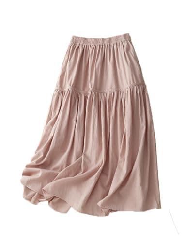 Linen Skirts for Women Elastic High Waisted Vintage Summer Midi Skirts — Pink