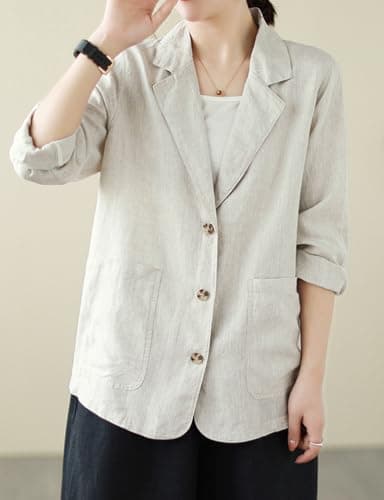 Womens Cotton Linen Blazer Casual Lightweight Suit Jackets