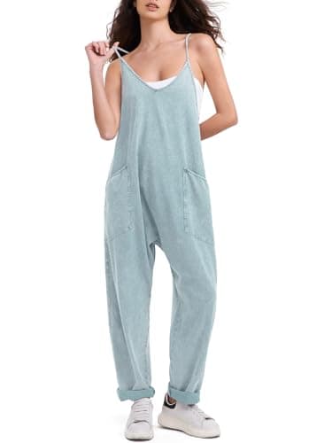 EXLURA Women's Casual Summer Denim Jumpsuits with Pockets Beach Romper — Light Blue