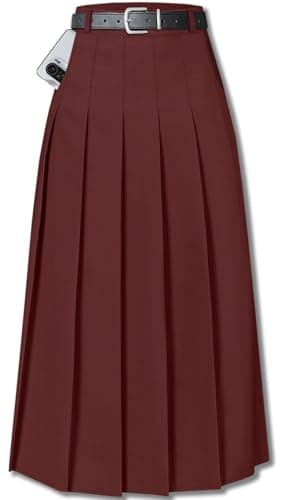 Sangtree Girls A-Line Pleated High Waist Fashion Skirt — Long # Wine Red Pocket