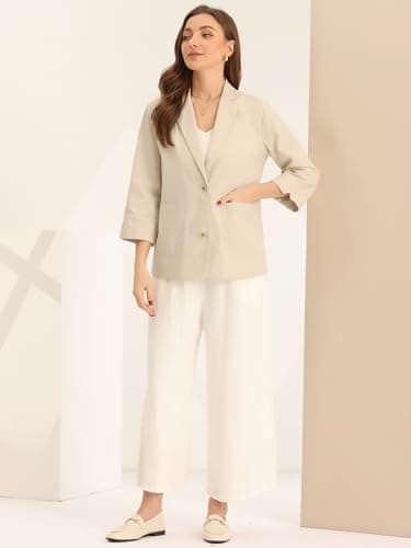Women's Allegra K Linen Blazer 3/4 Sleeve Notched Collar Office Suit Jacket