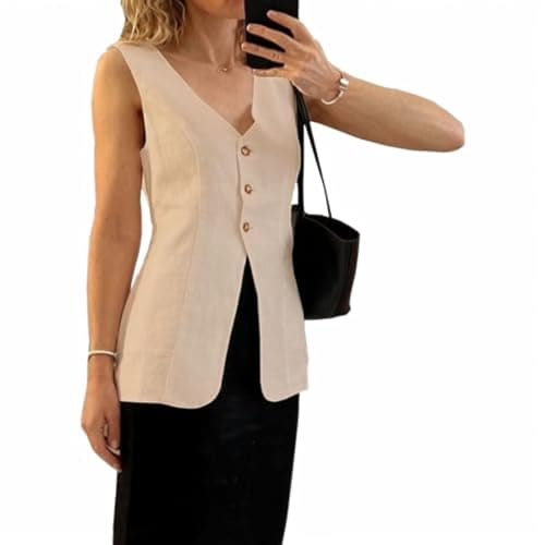 Melliflo Women's Summer Linen V-Neck Button Down Sleeveless Vest with Pocket — Apricot
