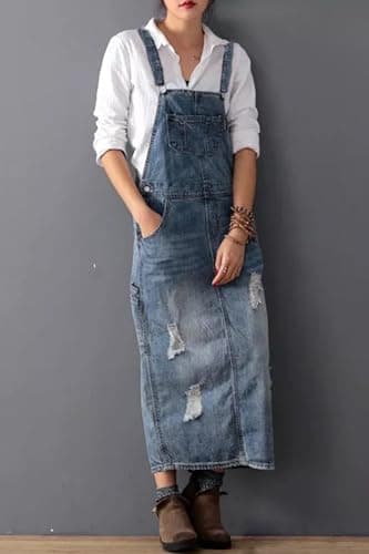 YOEASY Women's Distressed Denim Overall Dress