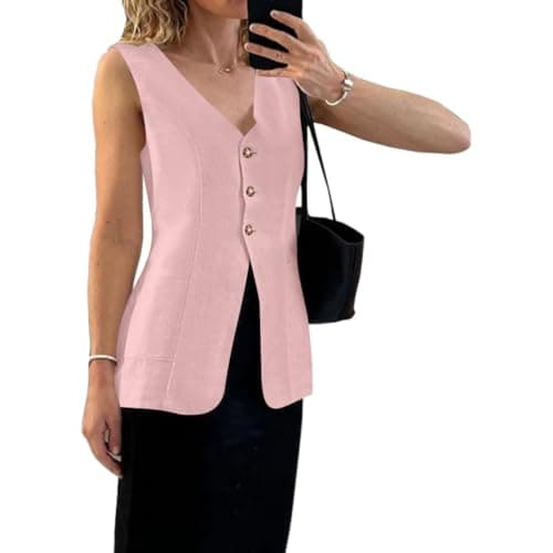 Melliflo Women's Summer Linen V-Neck Button Down Sleeveless Vest with Pocket — Pink