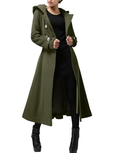 Cicy Bell Women's Winter Warm Long Double-Breasted Hooded Wool Trench Coat with Belts — Army Green