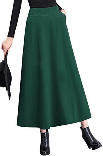Women's Wool A-Line Maxi Skater Skirt for Fall Winter — Pocket-green