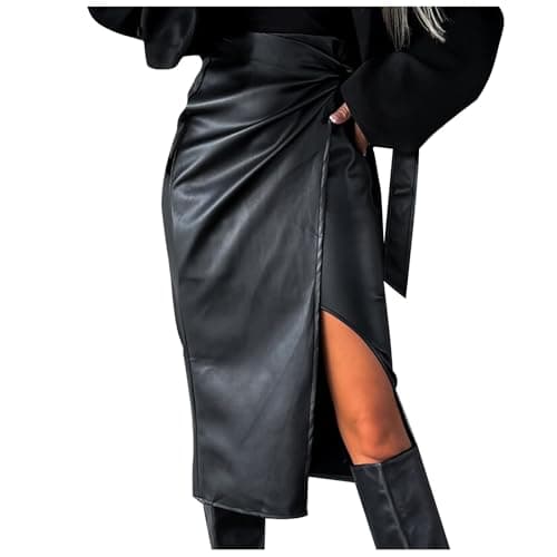 High Waist Pu Zipper Faux Leather Pencil Skirt with Tummy Control Split Midi Skirts