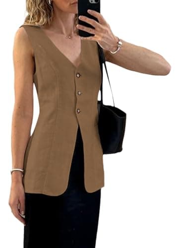 Mina Self 2025 Women's Breathable Linen V-Neck Long Casual Vest — Khaki