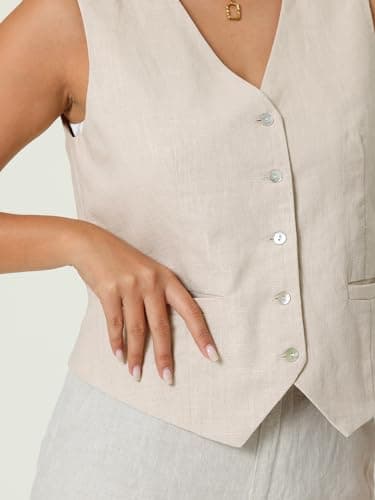 Hobemty Women's Linen V-Neck Button-Down Formal Waistcoat