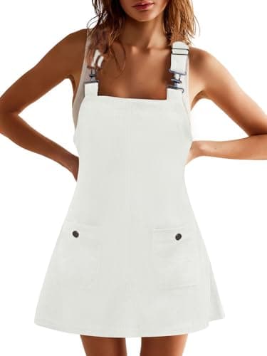 COCCKO Women's Adjustable Strap Corduroy Overall Mini Dress with Pockets Summer Fashion — White