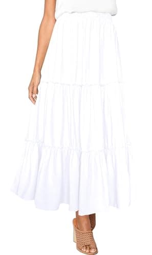 Afibi Women's High Waist A-Line Ruffle Swing Maxi Skirt with Pockets — White