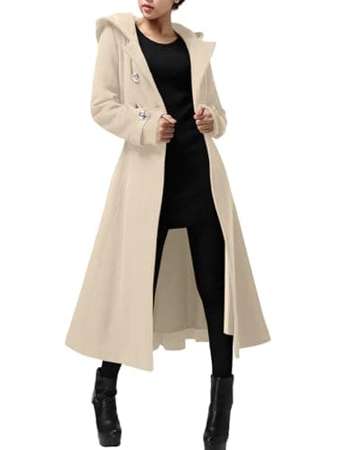 Cicy Bell Women's Winter Warm Long Double-Breasted Hooded Wool Trench Coat with Belts — Apricot