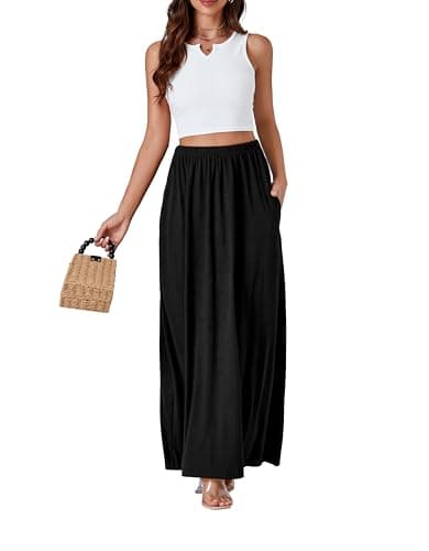 Vrtige Women's Casual High Waist Flowy Hem A-Line Maxi Skirt with Pockets
