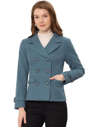 Allegra K Women's Notched Lapel Double Breasted Pea Coat — Grey Blue