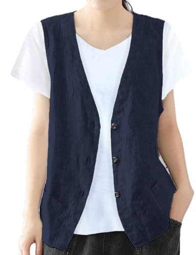 Women's Cotton Linen Vest Lightweight Jacket — Navy