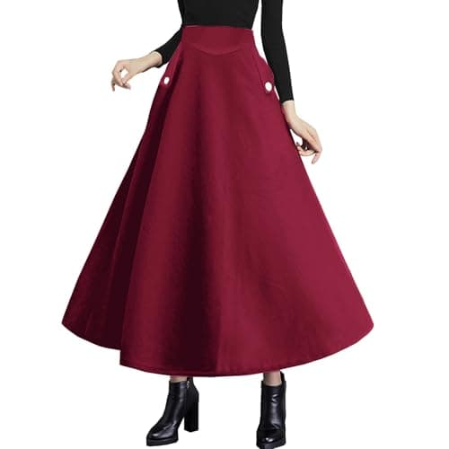 High Waist Plaid Wool Maxi Skirt for Women - A-Line Flared Style — Wine