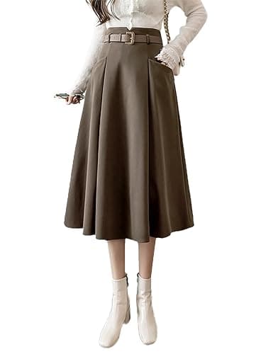 IDEALSANXUN High Waisted Wool Midi Pleated Skirts for Women Fall Winter — Khaki