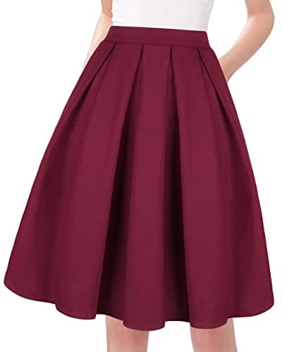 Tandisk Women's Vintage Printed Flared Midi Skirt with Pockets — Wine Red