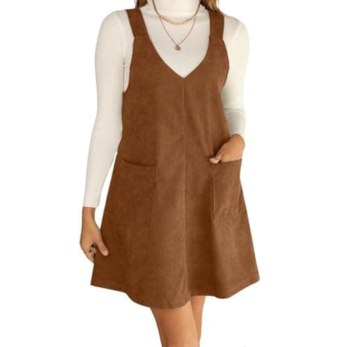Women's Casual Corduroy Tunic Dress with Pockets — Brown