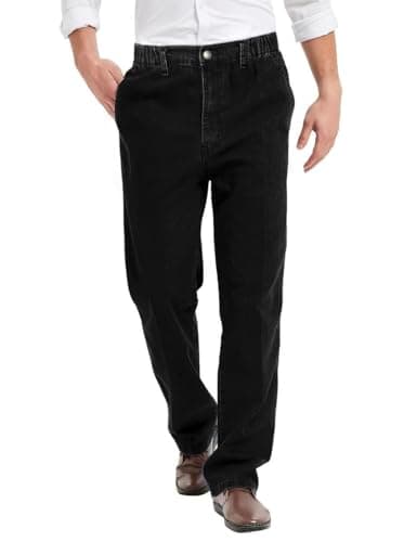Men's Elastic Waist Jeans with Zipper and Button — Black