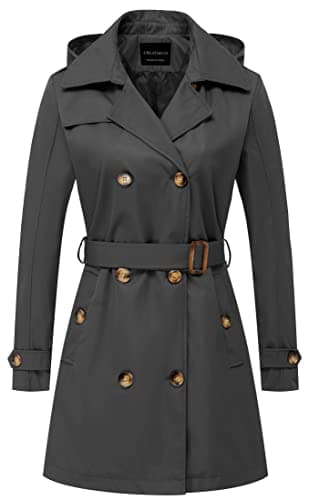 CREATMO Women's Classic Double-Breasted Trench Coat with Detachable Hood — Grey