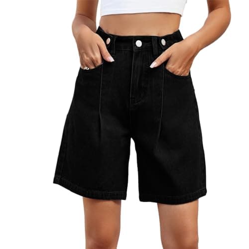 High waist denim shorts with pockets for women — A-black