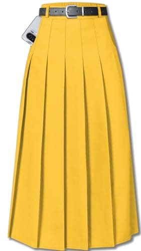 Sangtree Girls A-Line Pleated High Waist Fashion Skirt — Long Mustard Yellow Pocket