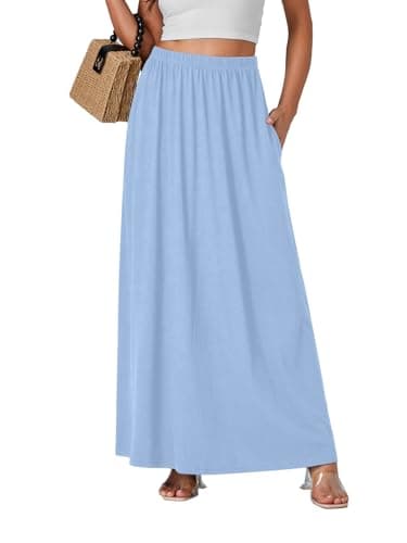 Vrtige Women's Casual High Waist Flowy Hem A-Line Maxi Skirt with Pockets — Light Blue